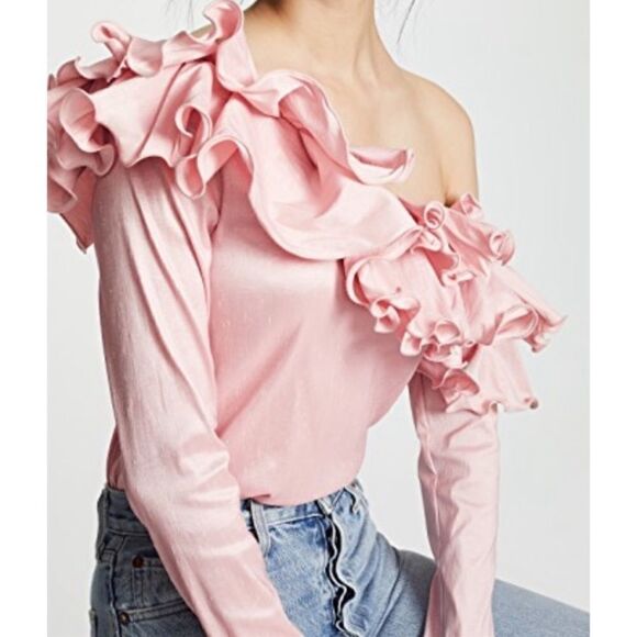 NWT Petersyn Lou One Shoulder Blouse- Cameo Pink Ruffle Size Small - Picture 1 of 12